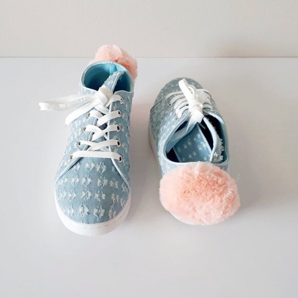 NWT / NIB Qupid blue denim-like bunny ear lace up faux fur pom pom sneakers - Picture 12 of 14